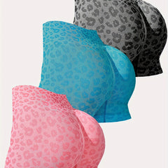 3pcs Leopard Print Hip Lifting Yoga Shorts High Waist Workout Activewear