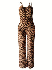 Leopard Print Spaghetti Strap Jumpsuit Sexy Sleeveless Wide Leg Jumpsuit