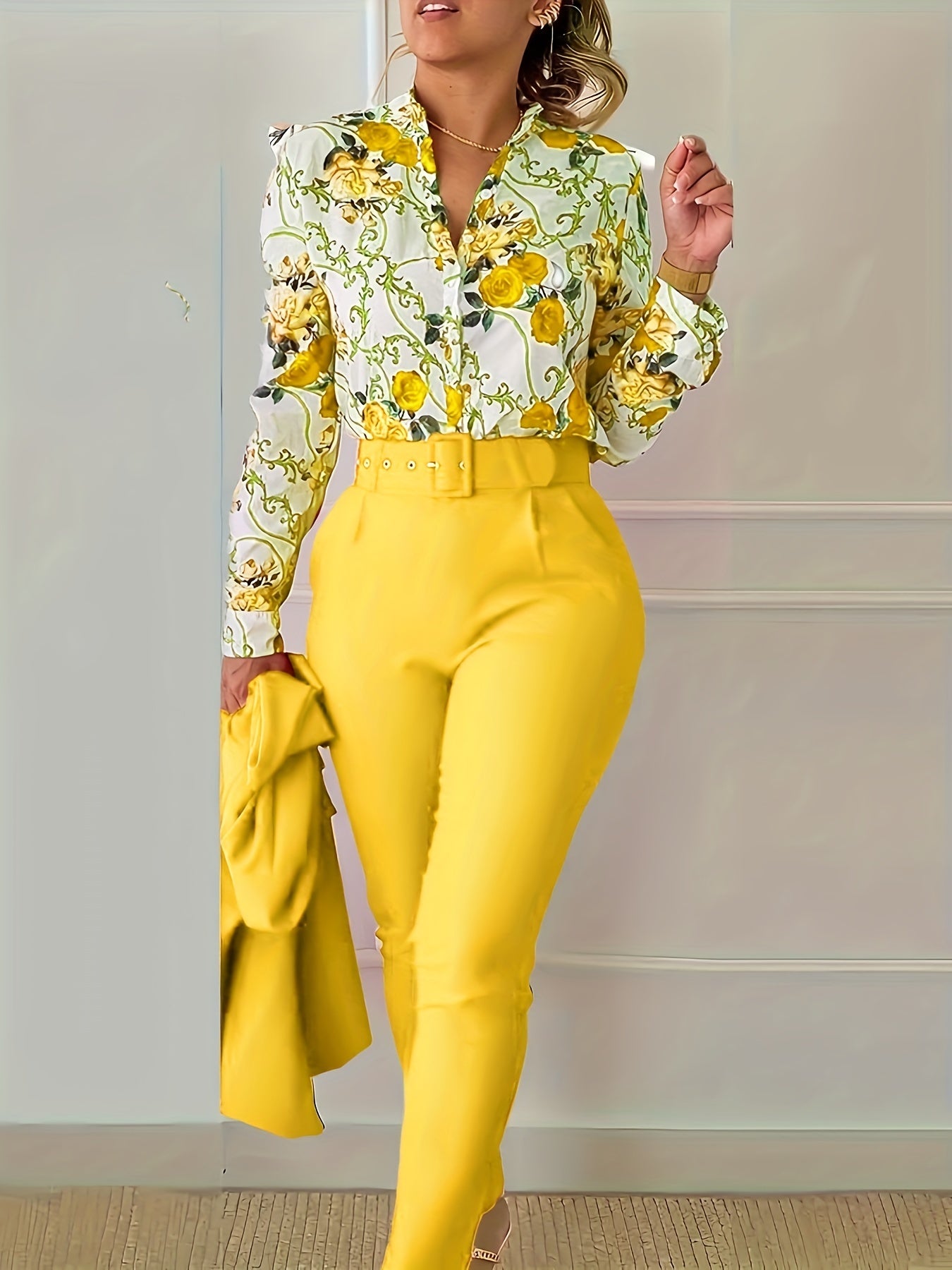 Floral Print V Neck Blouse & Tapered Pants Set