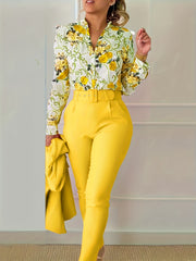 Floral Print V Neck Blouse & Tapered Pants Set