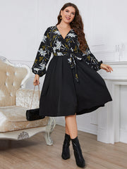 Floral Print Wrap Flared Midi Dress With Belt