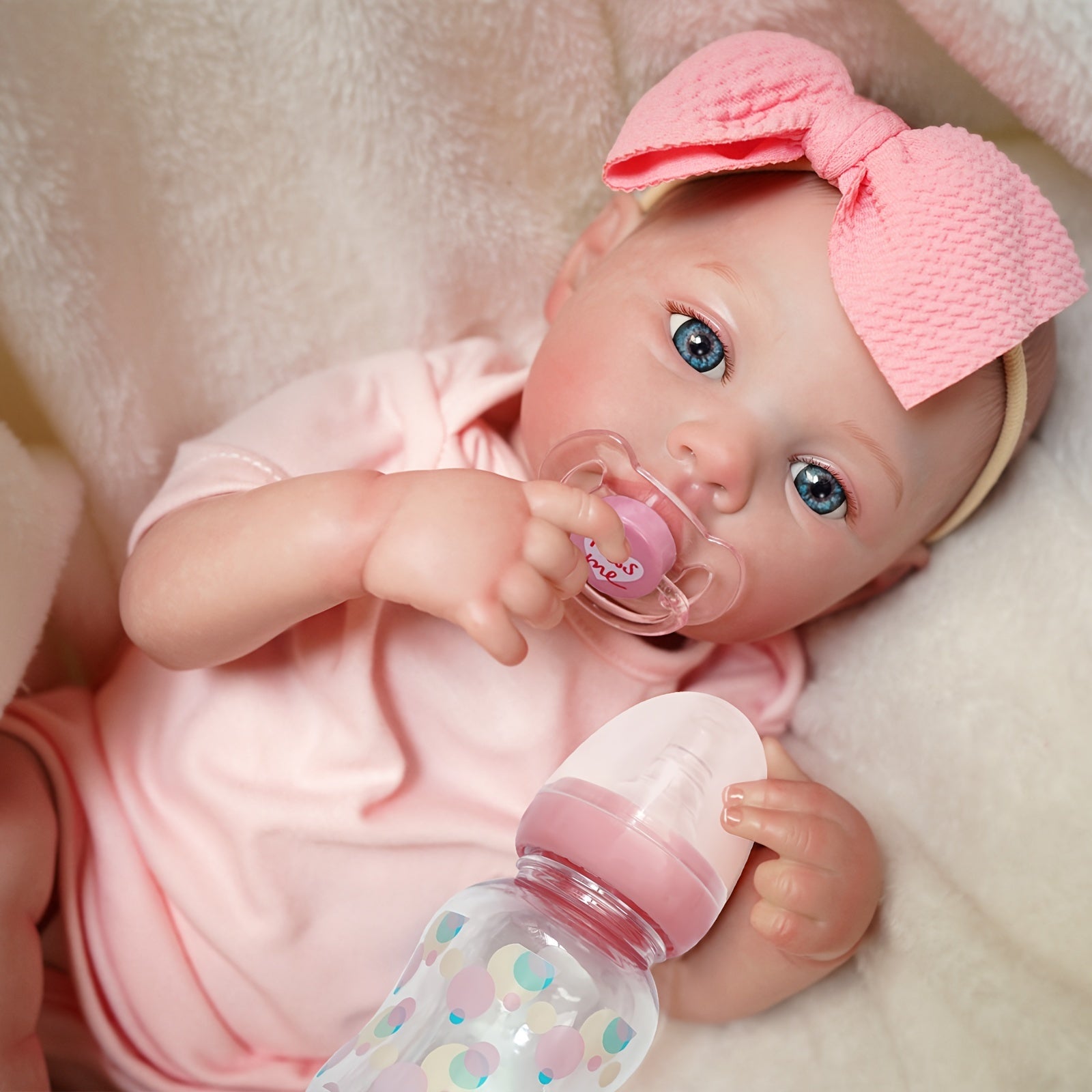 Reborn Baby Doll Pink with Bow Feeding Kit Ideal Gift