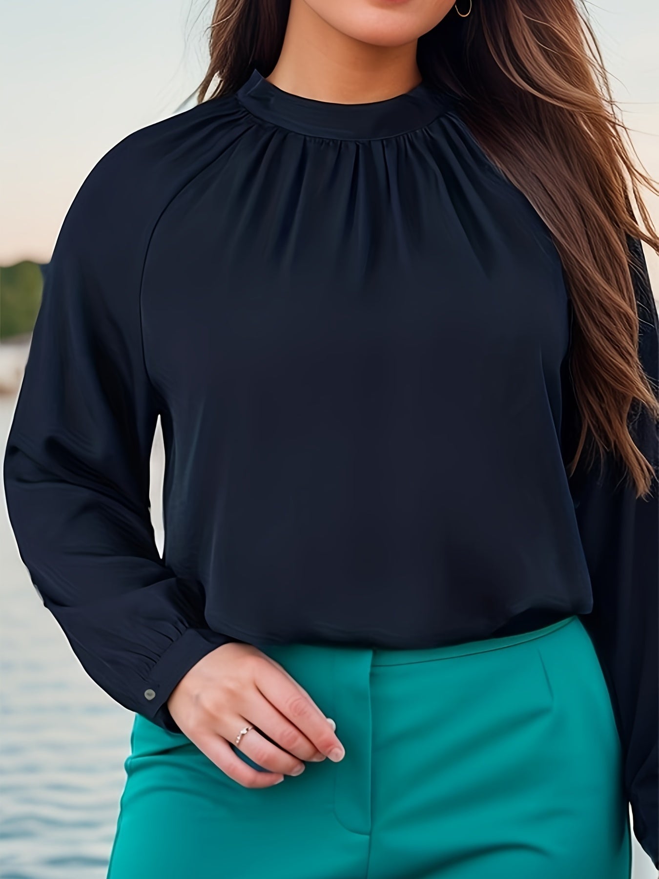 Casual Blouse Solid Long Sleeve Ruched Stretch Top