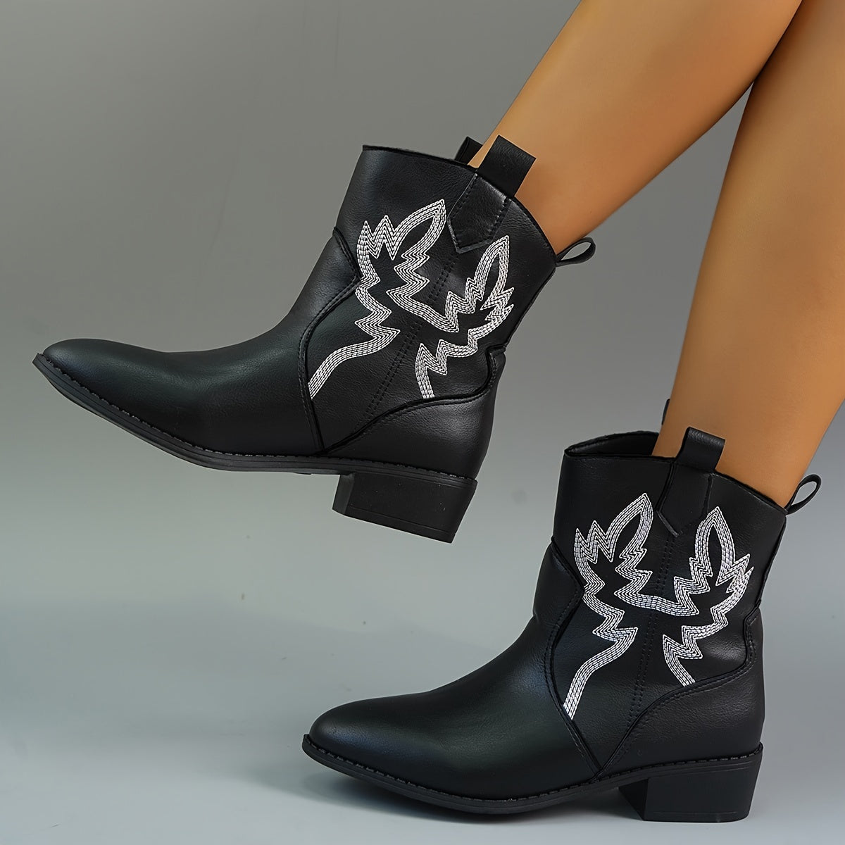 Women's Embroidery Western Boots Slip On Ankle Boots