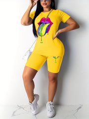 Eye Print Casual Two piece Set Tee & Shorts Outfits