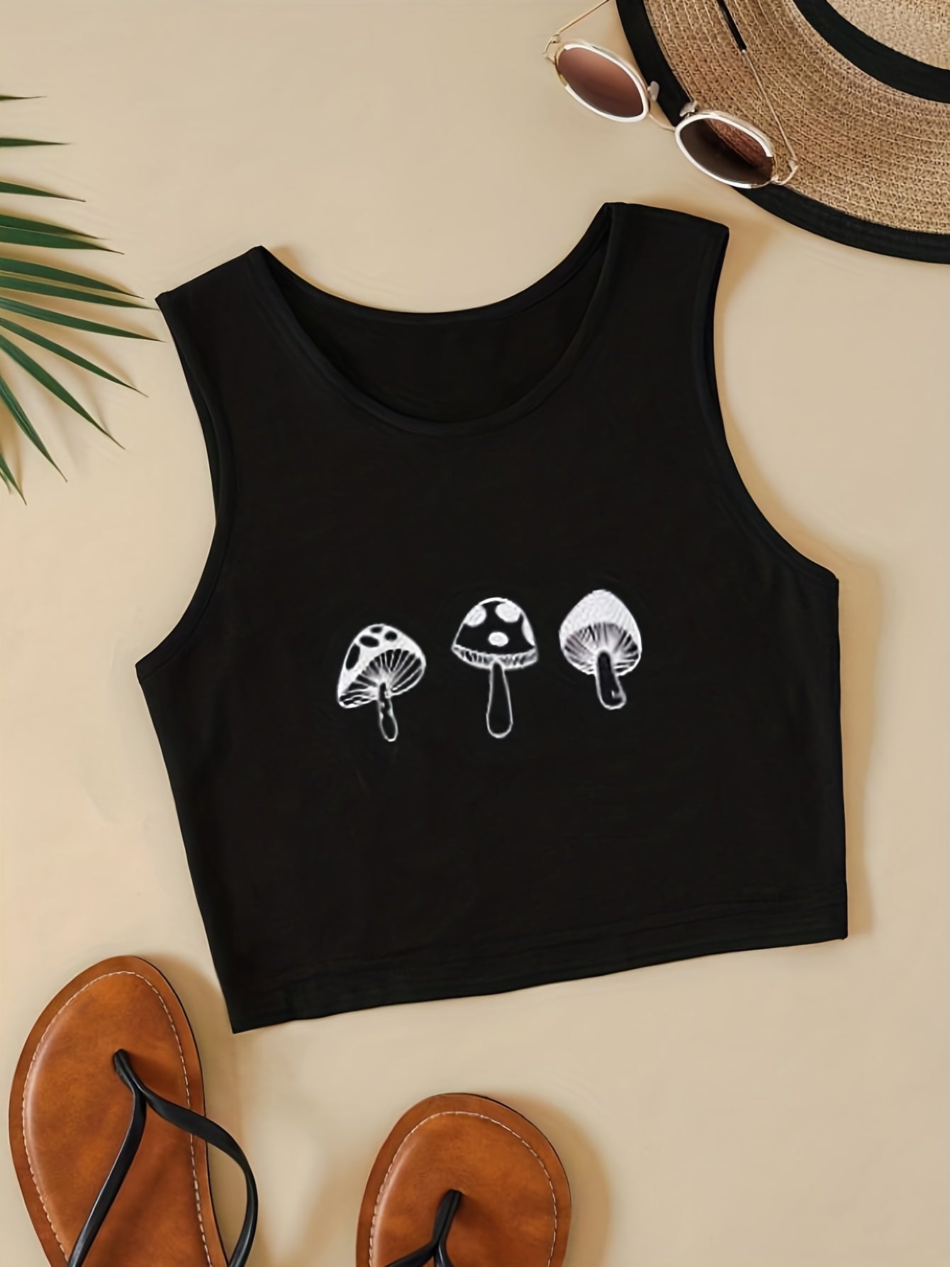 Mushroom Print Crop Tank Top Sexy Summer Sleeveless Casual Top