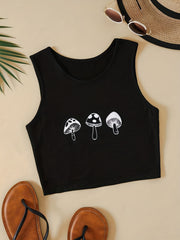 Mushroom Print Crop Tank Top Sexy Summer Sleeveless Casual Top