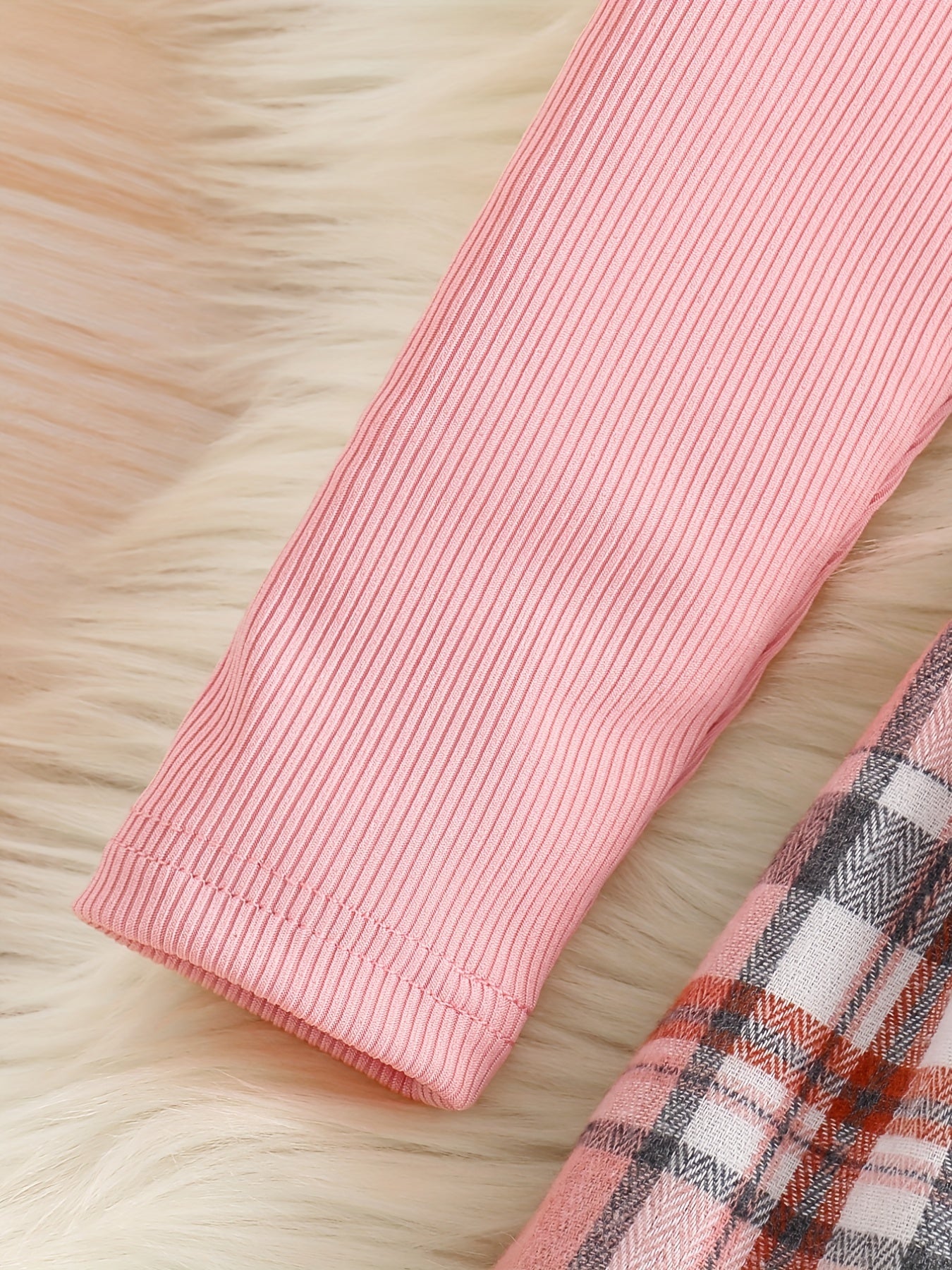 Girl's Ribbed Long Sleeve Top & Plaid Skirt Set Button Decor Outfit