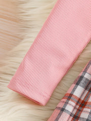 Girl's Ribbed Long Sleeve Top & Plaid Skirt Set Button Decor Outfit