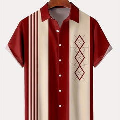 Vintage Geometric Print Men's Short Sleeve Shirt with Chest Pocket