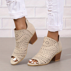 Chunky Heeled Sandals Peep Toe Hollow Out Back Zipper Mid Heels