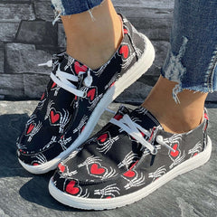 Skull & Love Heart Pattern Flat Shoes - Casual Lightweight Soft Walking Shoes