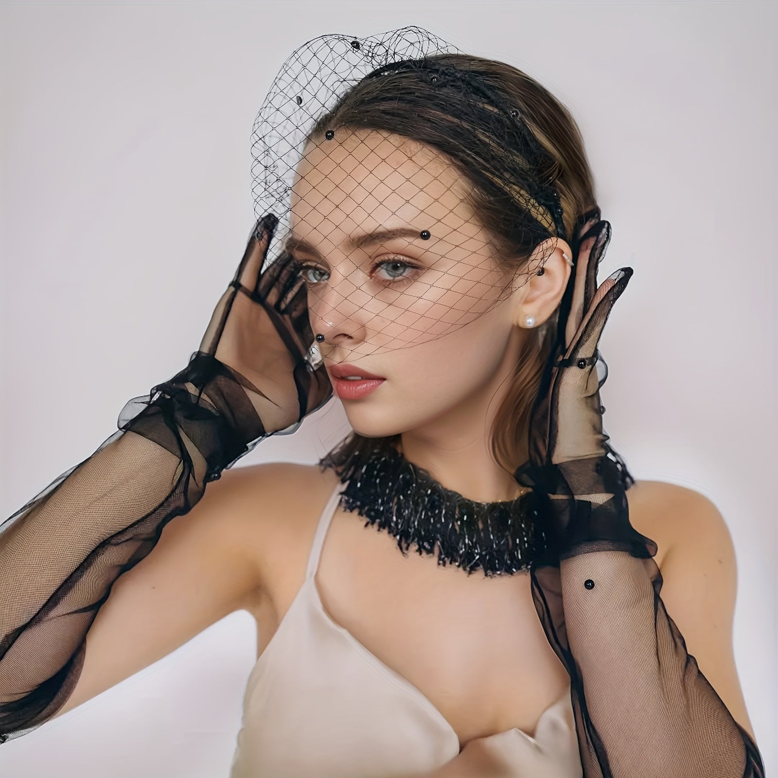 Vintage Bridal Veil Headband Beaded Royal Court Style for Weddings & Parties