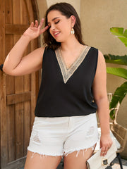 Casual V Neck Tank Top Women's Colorblock Lace Panel