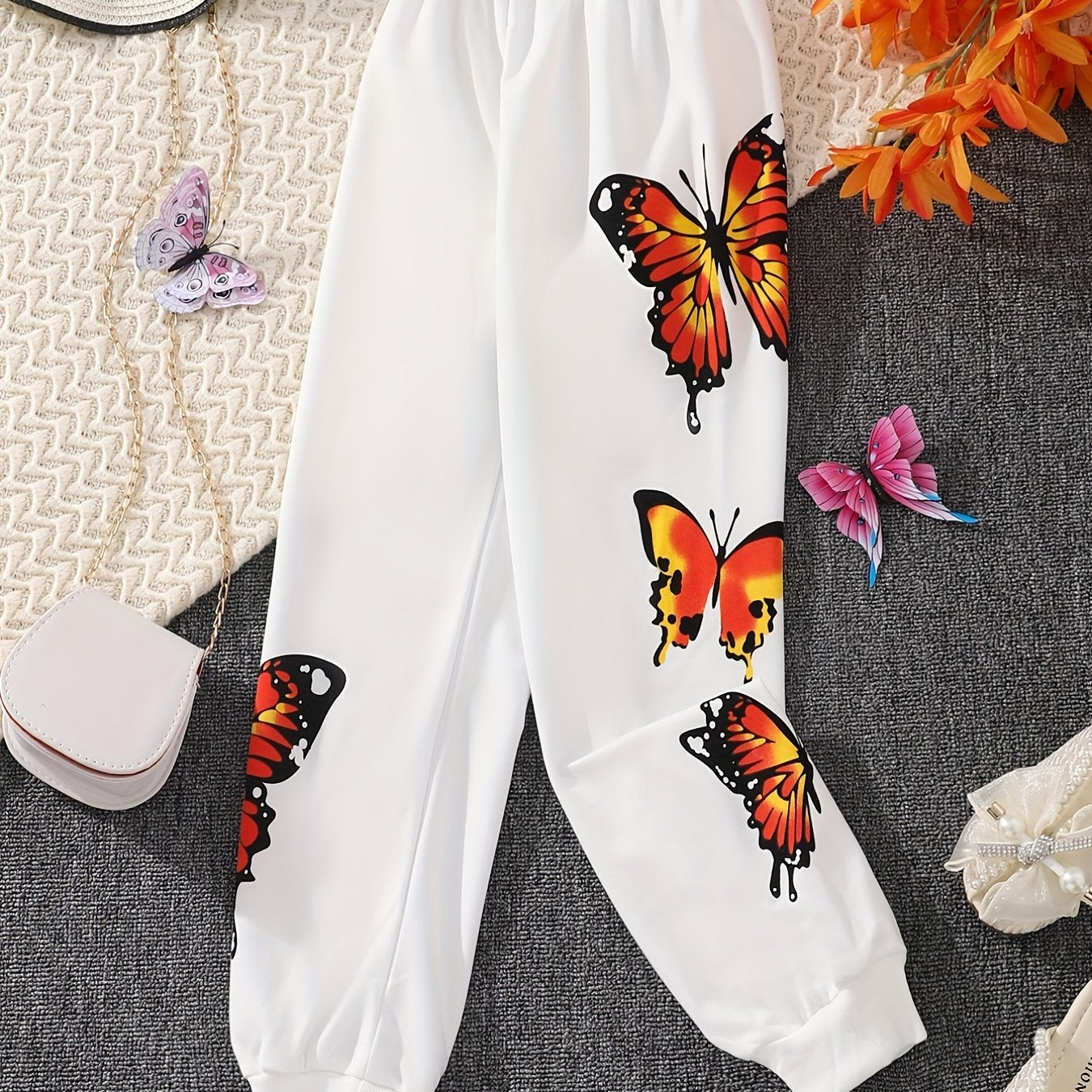 Girls Butterfly Print Jogger Pants for Spring/Fall