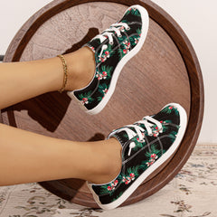 Flower Printed Canvas Lace-up Sneakers Low Top Casual Flat Shoes