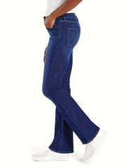 Navy High Stretch Flared Jeans Bell Bottom Slash Pockets Wide Legs Denim Pants