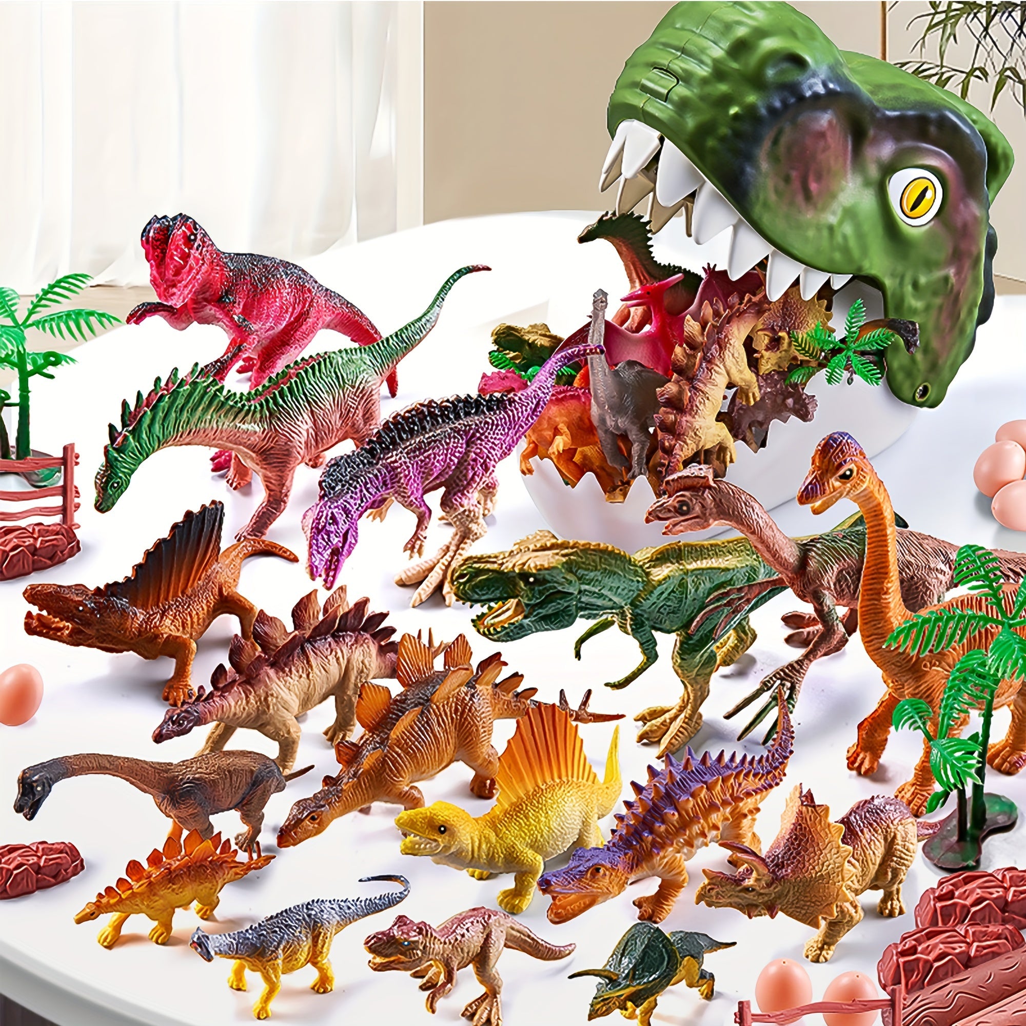 48pcs Dinosaur Playset Realistic Figures Eggs Trees Fence Educational Toy Green