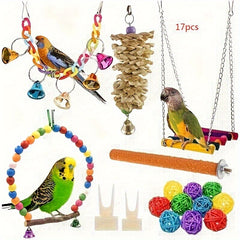 17pcs Parrot Bird Toys Set Swing Rattan Ball Bell Toy For Budgie Cockatiel
