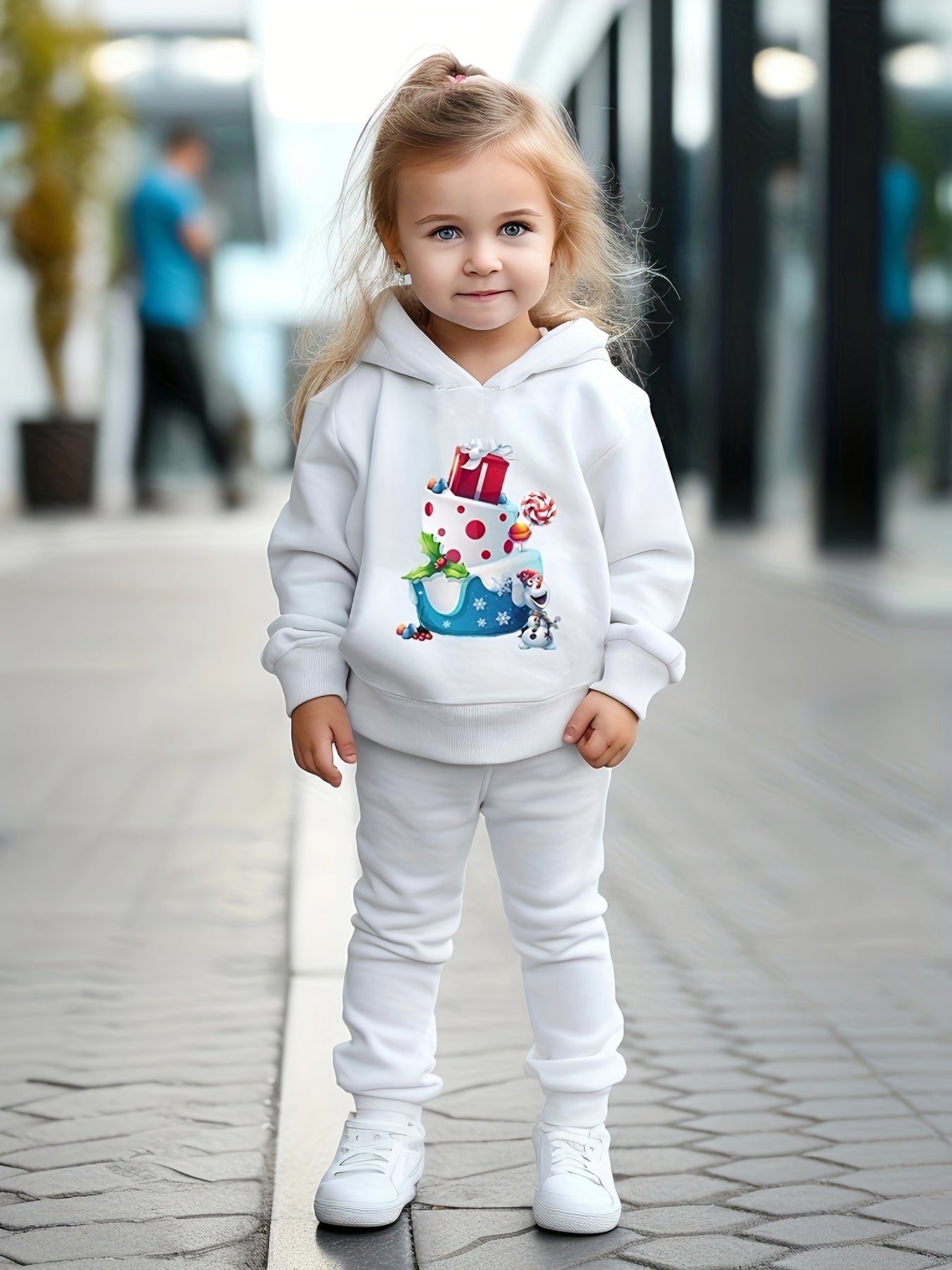 Girls Cartoon Cake Hooded Sweatshirt Set Long Sleeve Solid Sweatpants