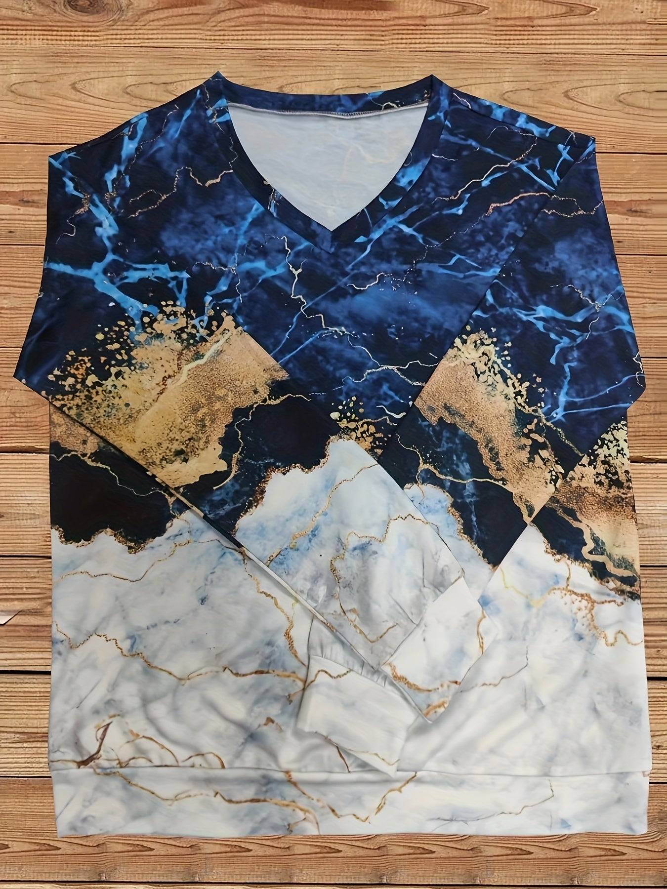 Marble Print V Neck Sweatshirt Long Sleeve Women's Clothing