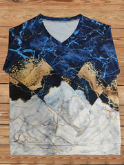 Marble Print V Neck Sweatshirt Long Sleeve Women's Clothing