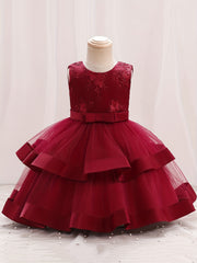 Baby Girls Floral Sleeveless Backless Layered Mesh Princess Dress