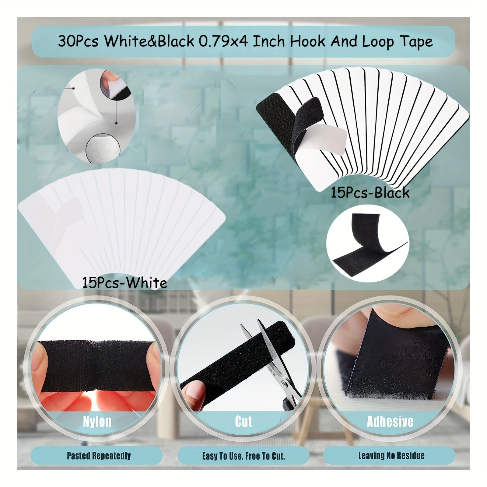30pcs 1.98x10.16cm Hook and Loop Tape Self-Adhesive Strips