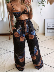 Butterfly Printed Bra Tops & Long Pants Suit Women's Night Out