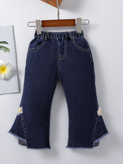 Girls Winter Flared Denim Jeans with Flower and Elastic Waist