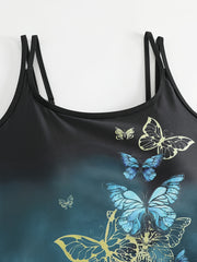 Ombre & Butterfly Print Lace Up Tankini Set