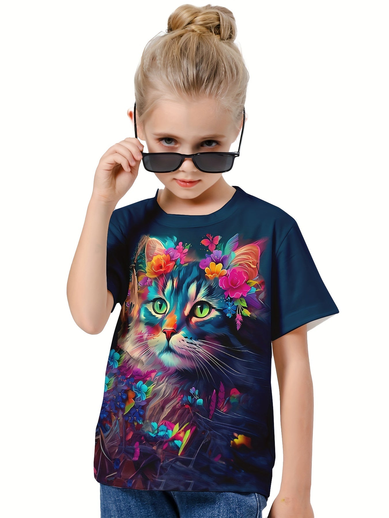 Girls Tie Dye Kitty Graphic Crew Neck T-shirt