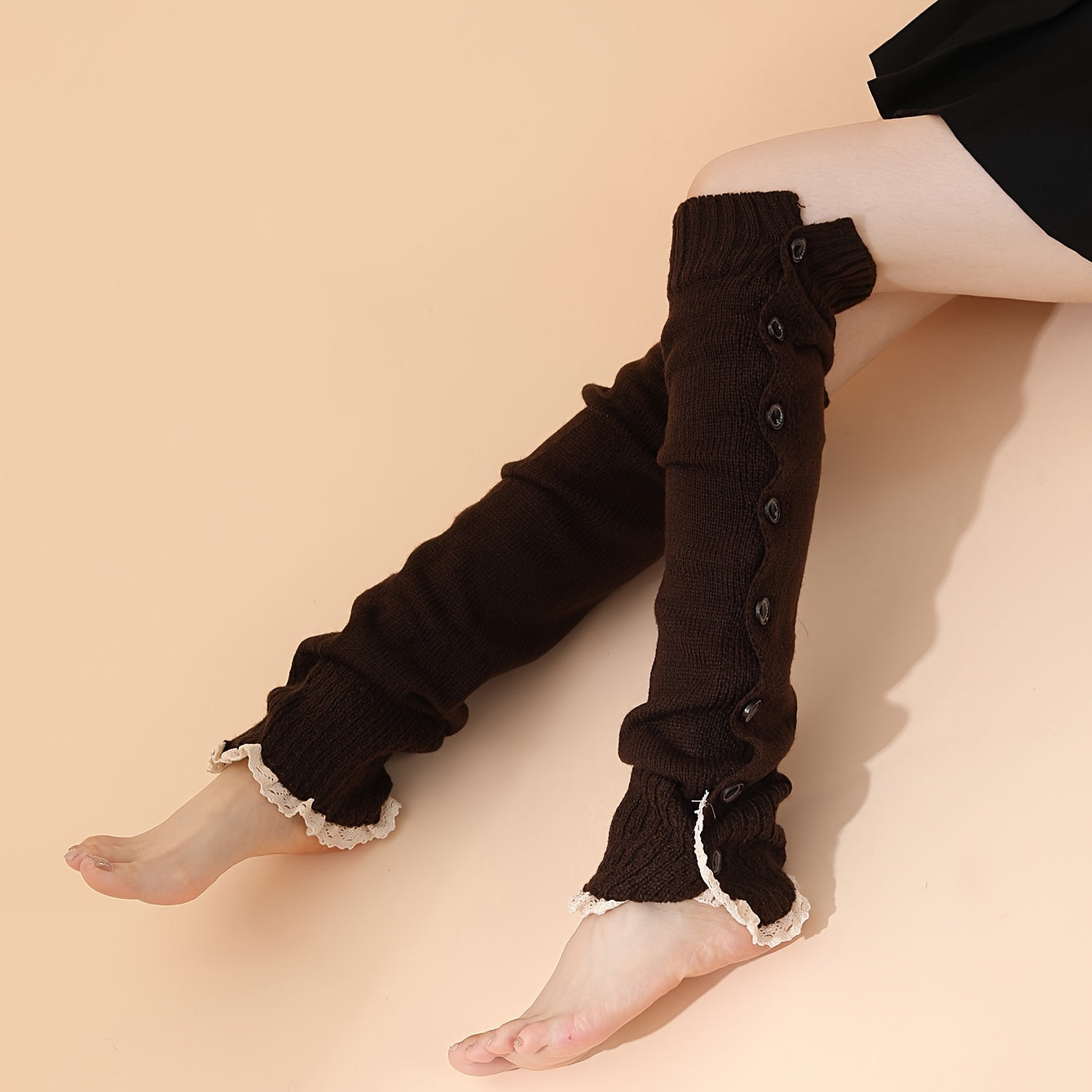 Lace Trim Leg Warmers Warm Buttons Knitted Socks