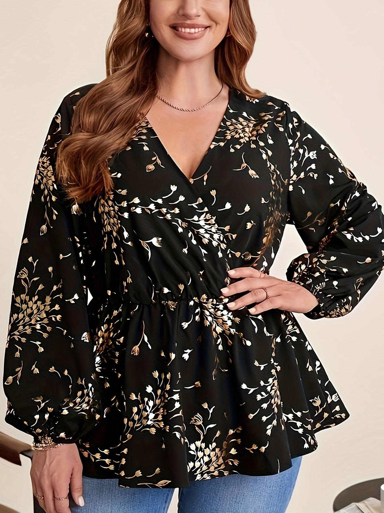 Floral Print Lantern Sleeve Peplum Shirt Plus Size