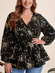 Floral Print Lantern Sleeve Peplum Shirt Plus Size