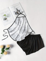 Floral Print Pajama Set Halter Lace Up Top & Shorts