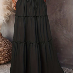Ruched Maxi Skirt Solid Color Drawstring Waist Casual Elastic
