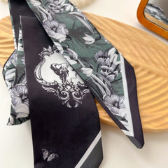 Dark Green Vintage Skinny Scarf Flower Print Long Ribbon Neckerchief