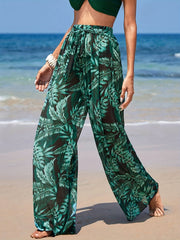 Tropical Palm Leaf Print Tie Front Beach Cover Up Pants