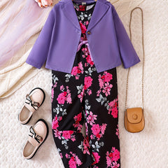 Girl's Blazer & Floral Overalls Set for Spring Summer