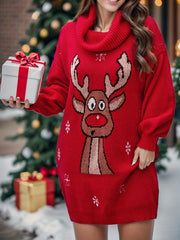 Women's Plus Reindeer & Snowflake Lantern Sleeve Turtleneck Sweater Dress