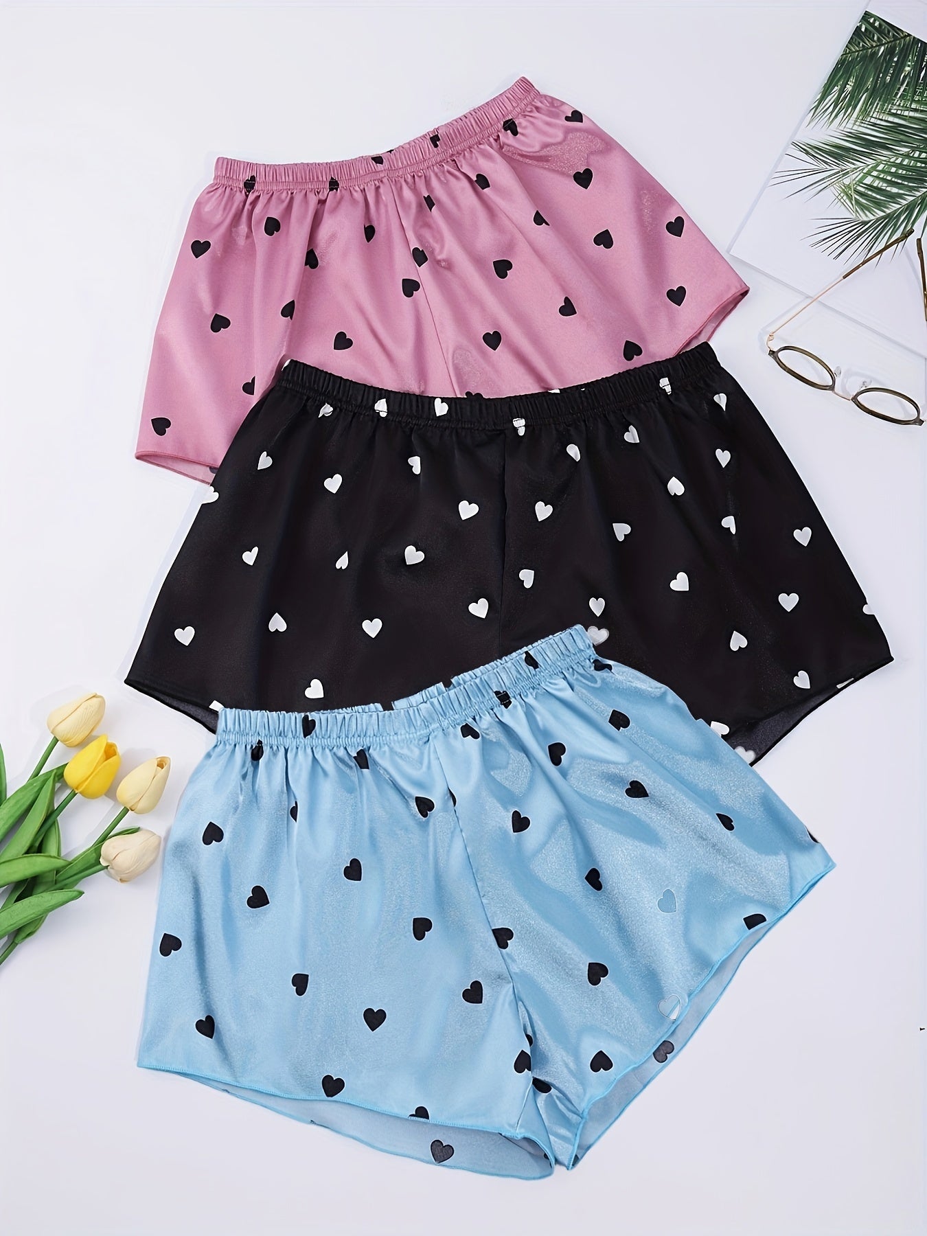Heart Print Sleep Bottoms Elastic Waistband Shorts Women's Sleepwear