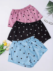 Heart Print Sleep Bottoms Elastic Waistband Shorts Women's Sleepwear
