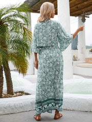Floral Print Vacation 2pc Set Tie Front V Neck Tops & Split Thigh Maxi Skirts