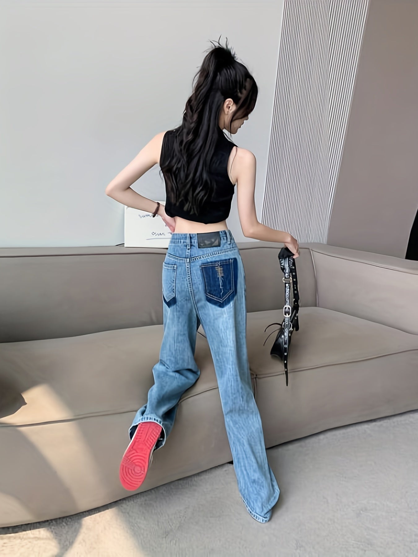 High Waist Wide Leg Jeans Contrast Pockets
