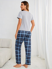 Letter Print Pajamas Set Short Sleeve Top & Plaid Pants