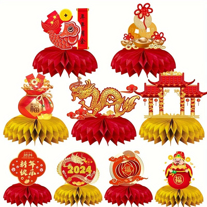 9pcs Spring Honeycomb Centerpieces Golden Glitter Happy Year Decorations
