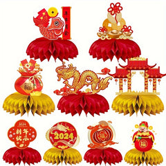 9pcs Spring Honeycomb Centerpieces Golden Glitter Happy Year Decorations