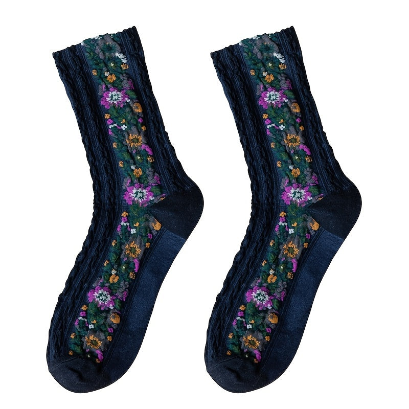 Floral Print Mid Tube Socks Retro Ethnic Style Women's Stockings