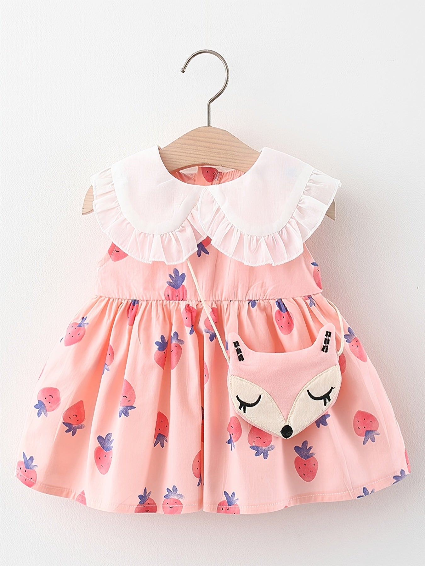 2pcs Girls Strawberry Sleeveless Doll Collar Summer Dress & Bag Set Clothes